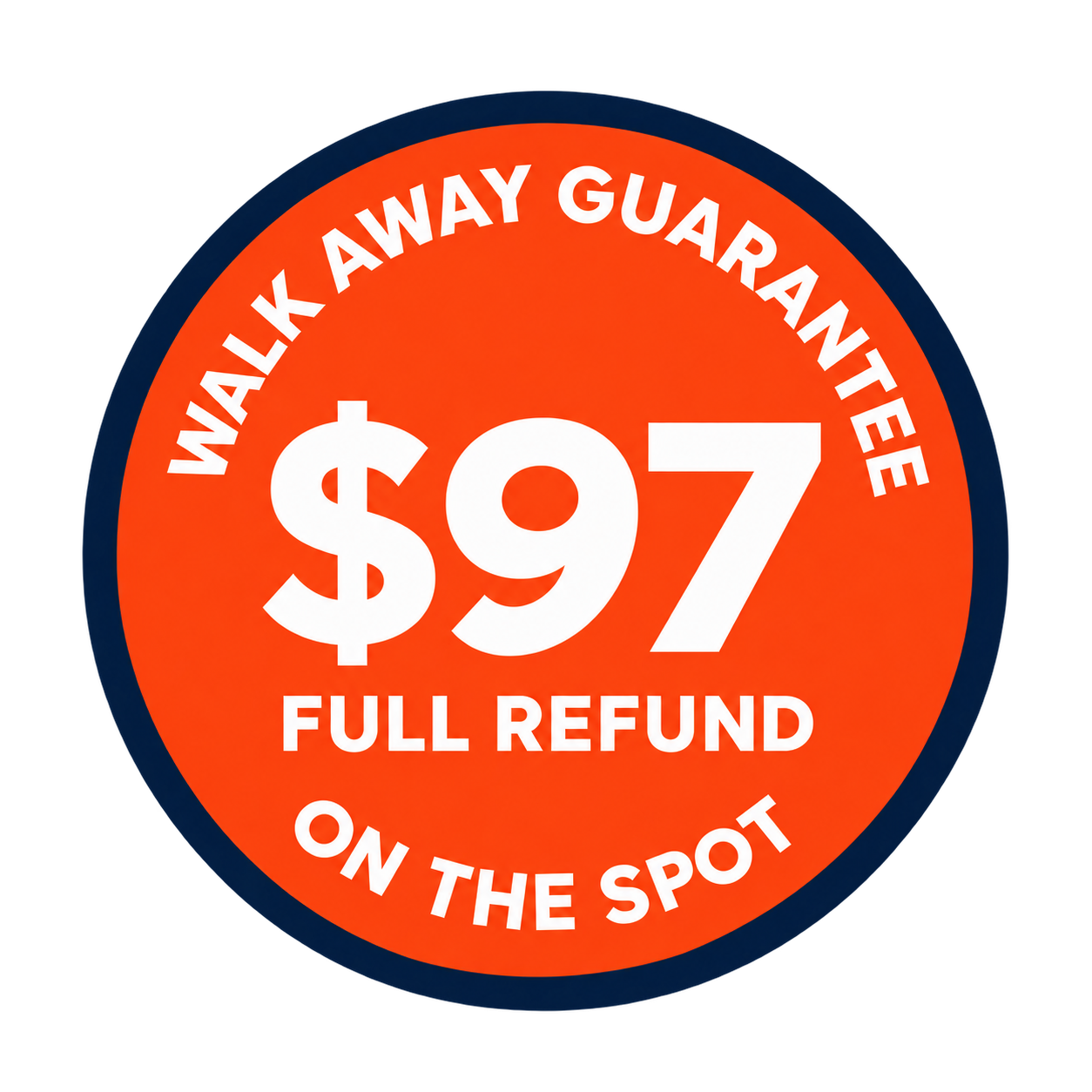 Walk away guarantee: full $97 refund on the spot